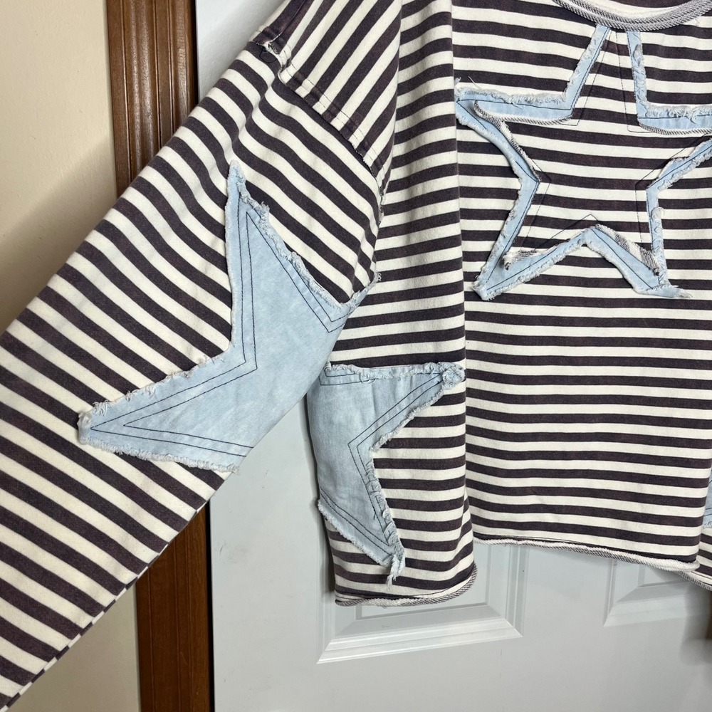 Oli & Hali Star Patch Striped Sweatshirt Distressed Boutique Brown Large - Picture 6 of 12
